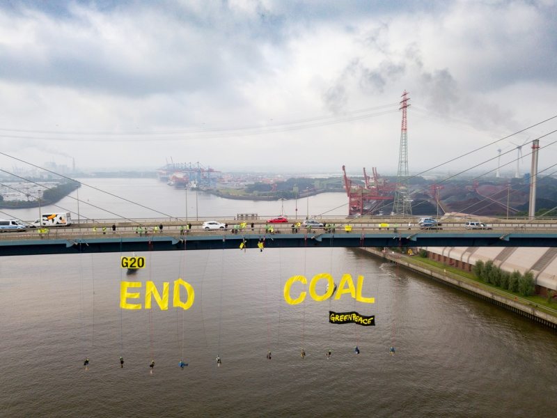 G20 Banner Protest at Koehlbrand Bridge in HamburgG20 Banner Protest an der Koehlbrandbruecke Hamburg