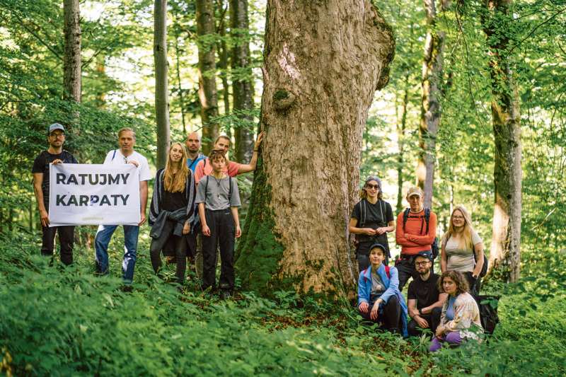 „Rettung der Karpaten“ fordert die Greenpeace-Recherchegruppe mit Nina Noelle (3. v. l.), die in den polnischen Karpaten unterwegs war