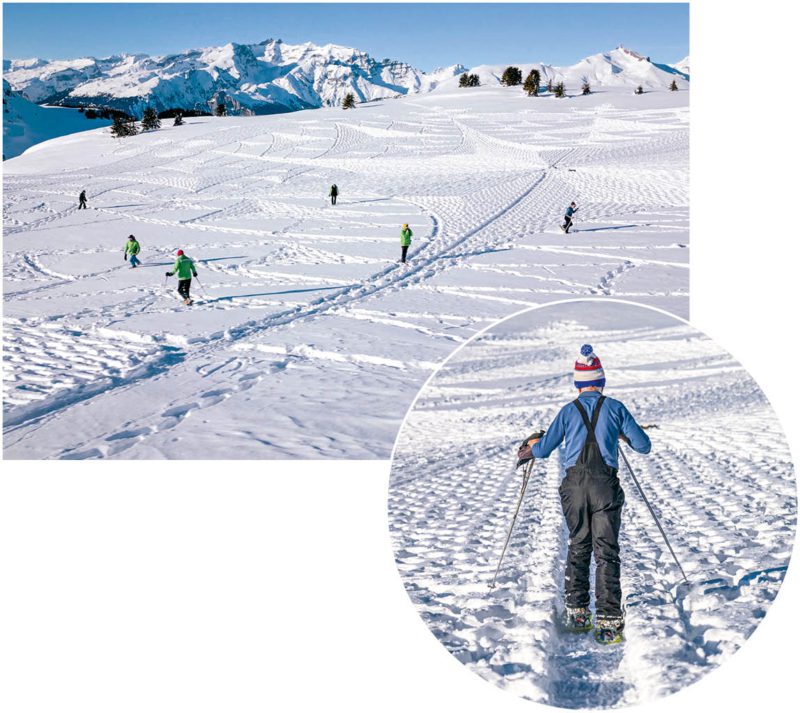 Greenpeace-Aktive stapften zusammen mit dem britischen Schneekünstler Simon Beck (rechts) auf der Hochebene Dreibündenstein rund zwölf Stunden lang durch den Schnee, um dieses Bild entstehen zu lassen