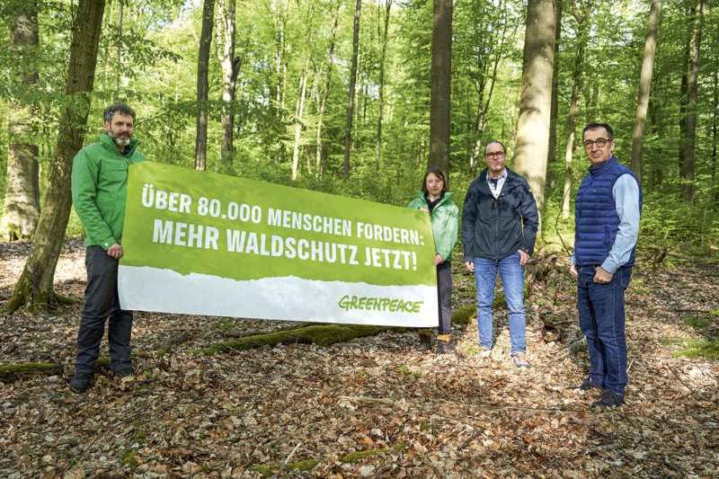 Petitionsübergabe im Wald: Zu Besuch beim Forstbetrieb Reiersdorf in Brandenburg: Bei der Petitions-übergabe forderte Martin Kaiser, Geschäftsführender Vorstand von Greenpeace (2. v. r.), Bundeslandwirtschaftsminister Cem Özdemir (rechts) auf, ein starkes Waldschutz­gesetz auf den Weg zu bringen